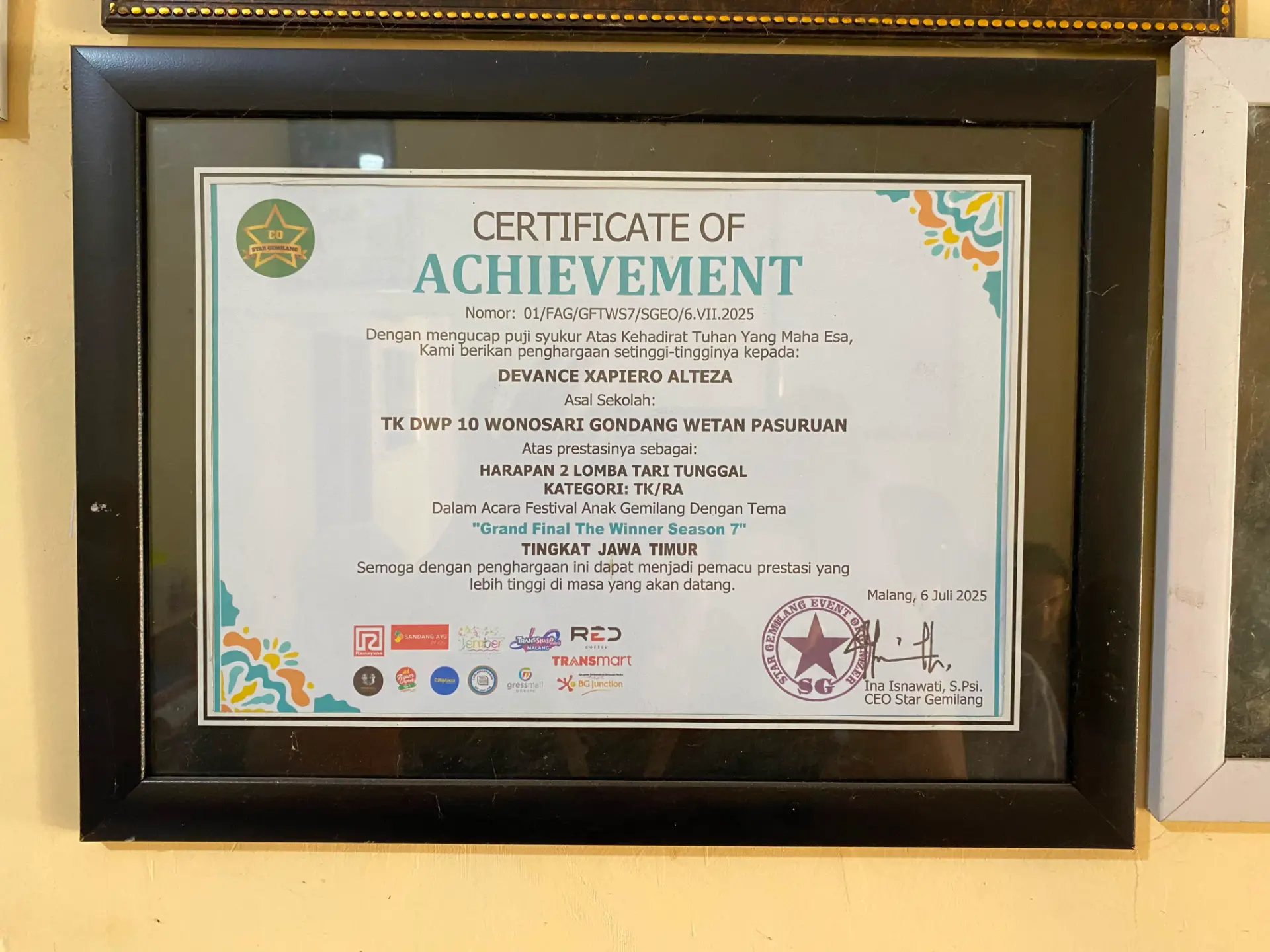 Certificate of Achievement Harapan 2 Lomba Tari Tunggal TK DWP 10 Wonosari (2025)