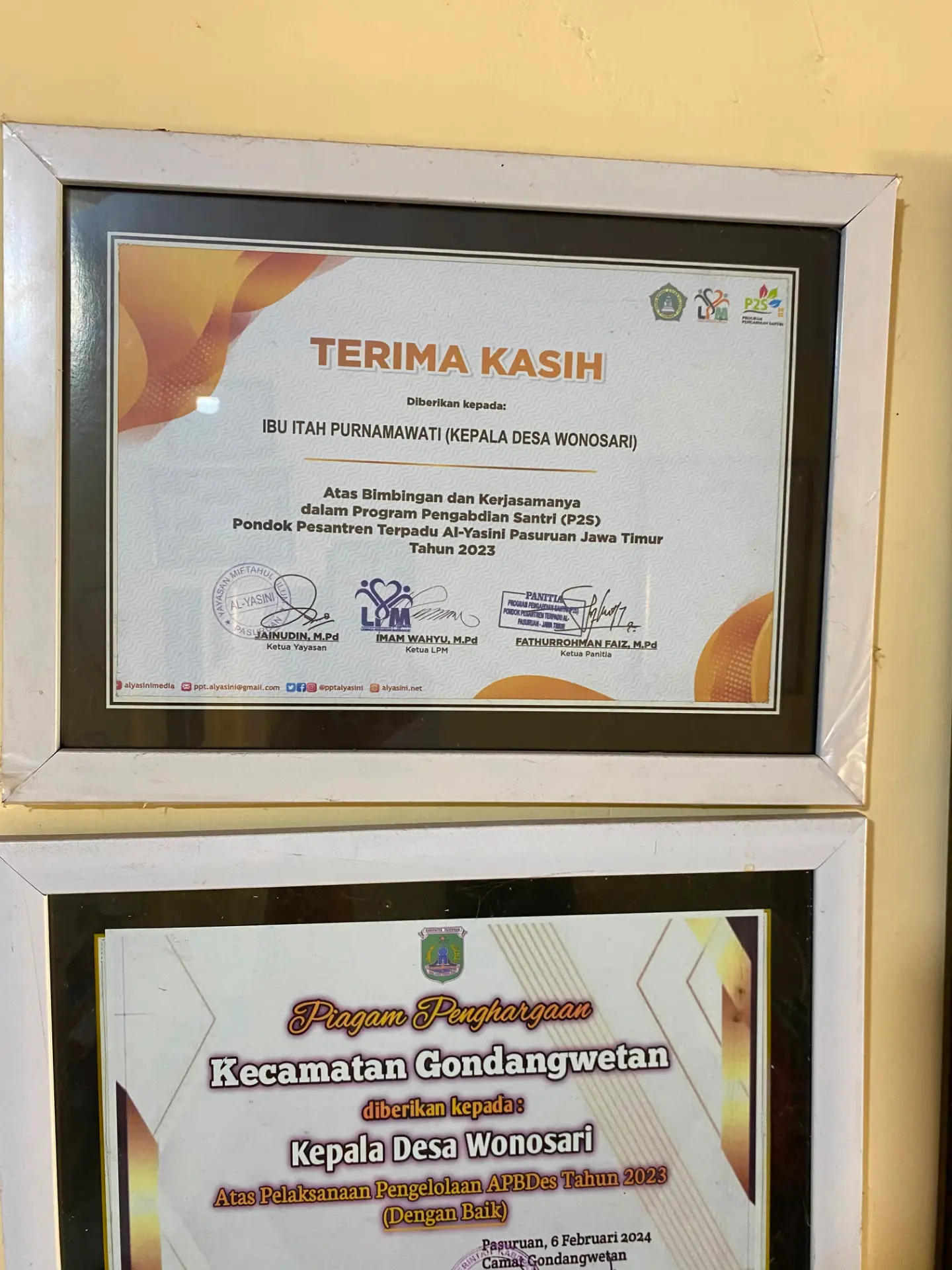 Piagam Terima Kasih Program Pengabdian Santri (P2S) Al-Yasini 2023