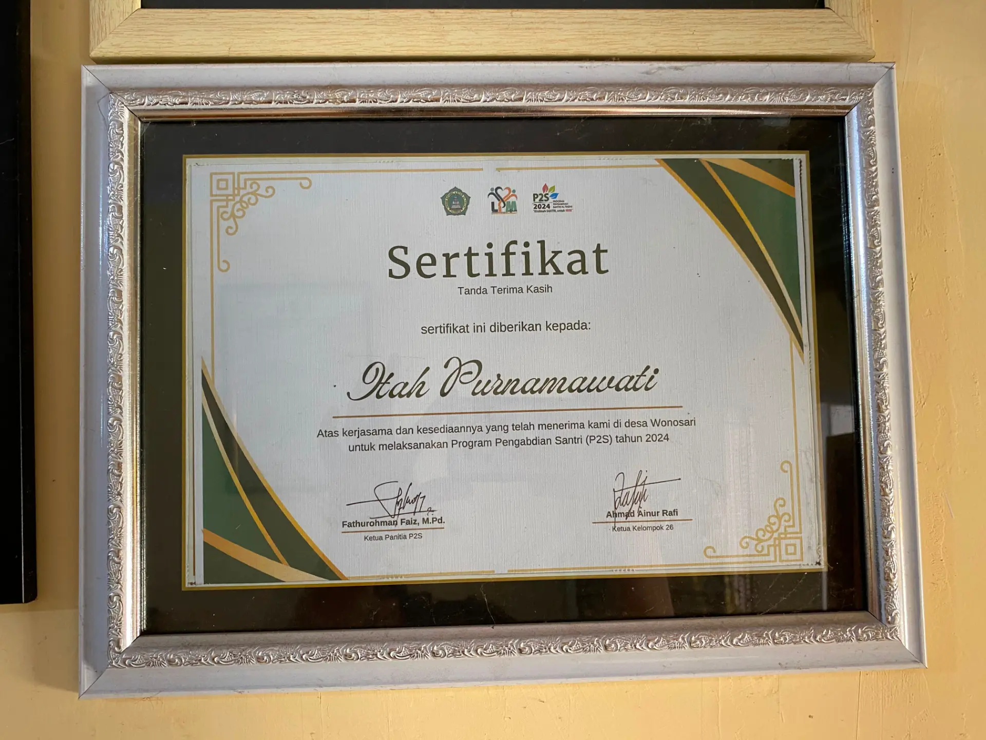 Sertifikat Program Pengabdian Santri (P2S) Tahun 2024