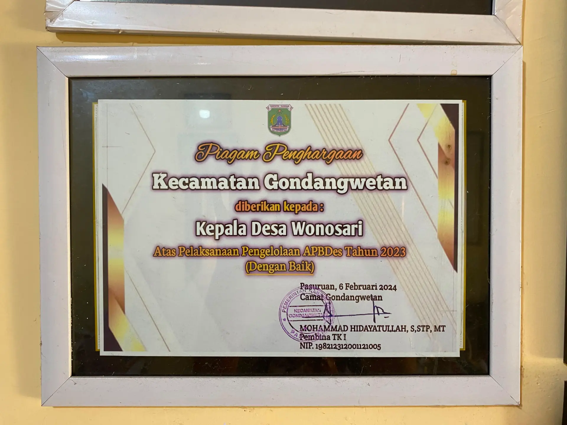 Piagam Penghargaan Pengelolaan APBDes Tahun 2023 (Dengan Baik)