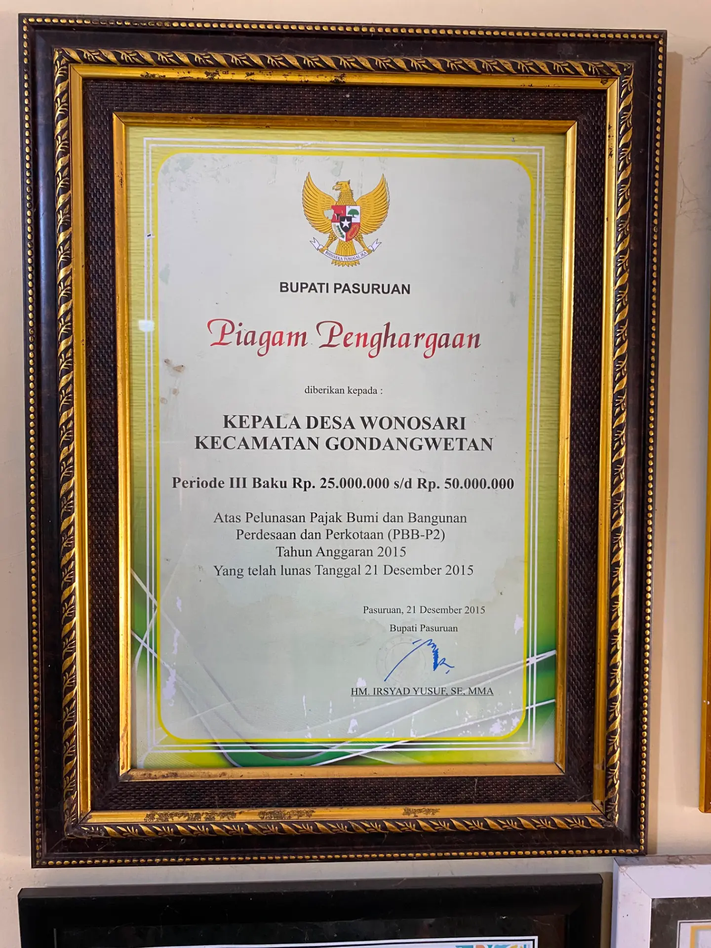 Piagam Penghargaan Pelunasan PBB-P2 Tahun Anggaran 2015