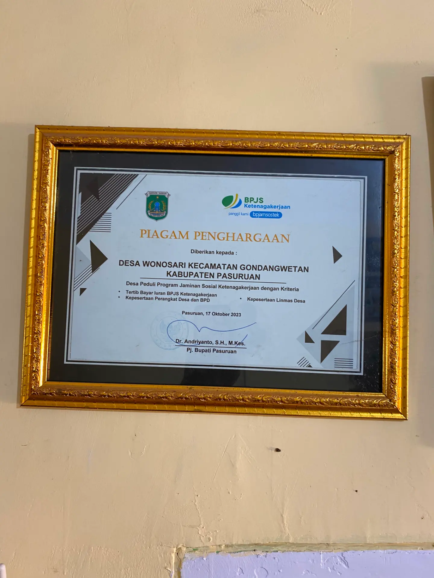 Piagam Penghargaan Desa Peduli Program BPJS Ketenagakerjaan (2023)