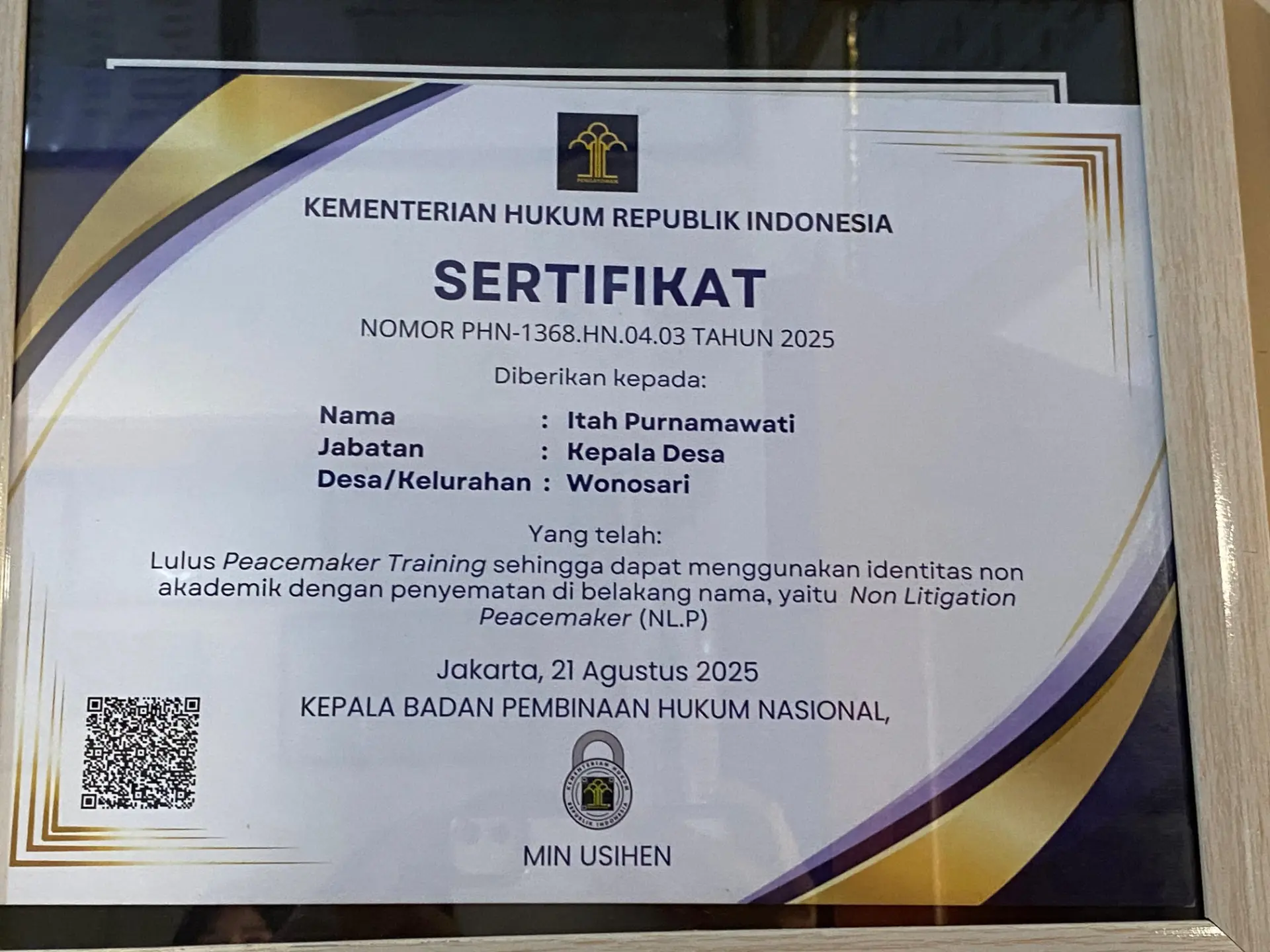 Sertifikat Non Litigation Peacemaker Kepala Desa Wonosari