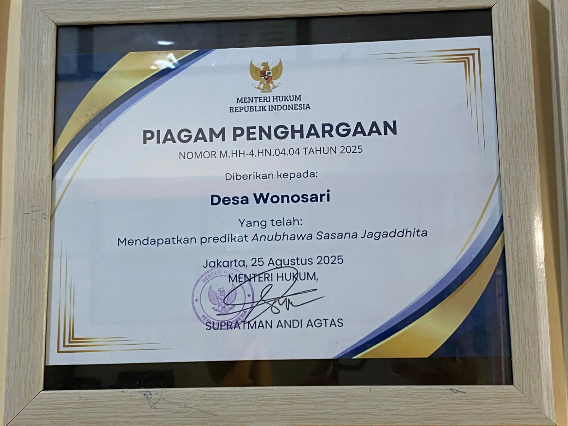 Piagam Penghargaan Anubhawa Sasana Jagaddhita Desa Wonosari